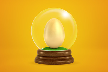 3d rendering of chicken egg inside snowglobe on amber background.