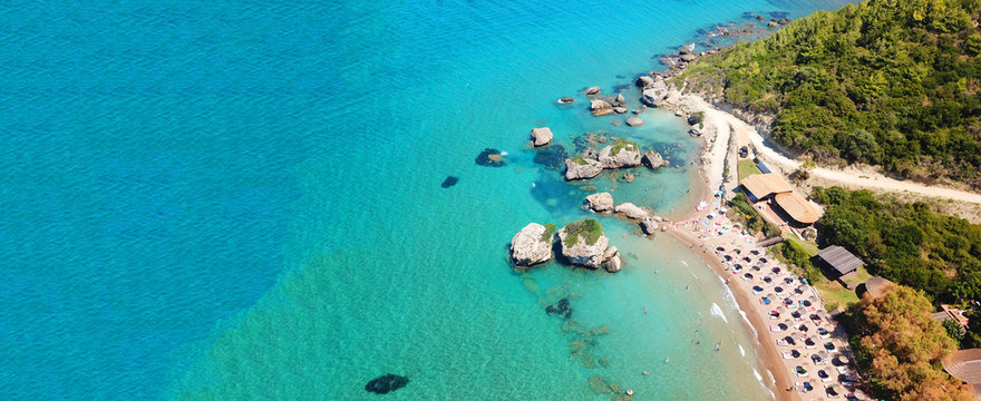 Aerial drone ultra wide photo of famous sandy beach of Porto Zoro in island of Zakynthos, Ionian, Greece