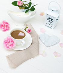 Coffee mug, Milk, Pink Rose Flowers, Heart, Sketchbook Mock up on White Wooden table. Happy Valentine's Day, Mother's Day, Women's day, Wedding, Happy Birthday, Love Background or Good Morning concept