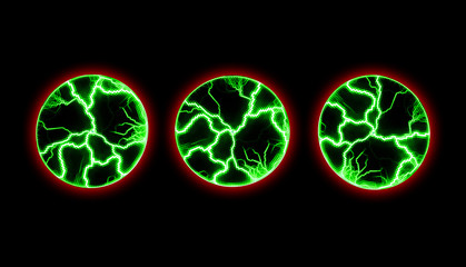 Discharges of green lightning in three areas. Glowing effect from electricity. Magical and mystical background. The chaotic movement of colored electric waves.