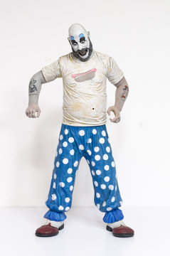london, england, 05/05/2018 captain spaulding serial killer clown action figure  from the film house of 1000 corpses and devils rejects.  1990s.  created by rob zombie film director and writer.