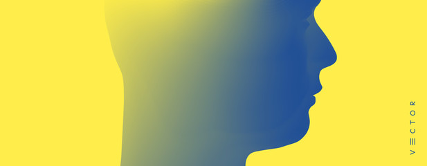 Face side view. Abstract human head silhouette with color gradient. Minimalistic design for business presentations, flyers or posters. 3d vector illustration.