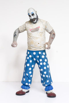 london, england, 05/05/2018 captain spaulding serial killer clown action figure  from the film house of 1000 corpses and devils rejects.  1990s.  created by rob zombie film director and writer.