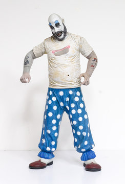 london, england, 05/05/2018 captain spaulding serial killer clown action figure  from the film house of 1000 corpses and devils rejects.  1990s.  created by rob zombie film director and writer.
