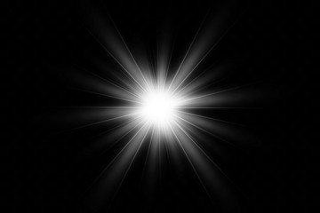 White glowing light explodes on a transparent background. with ray.  Transparent shining sun, bright flash.  Special lens flare light effect.