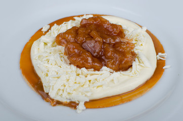 Wafer, traditional Colombian dessert, chopped fruit cookie and sauces