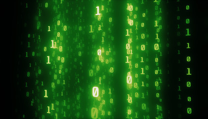 Digital lines of binary code, glowing neon style, binary data background, green color