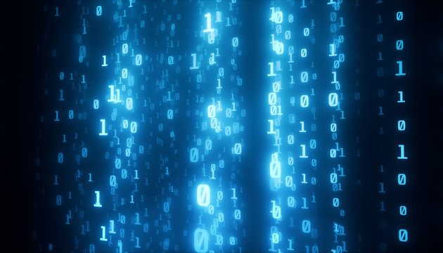 Digital lines of binary code, glowing neon style, binary data background, blue color