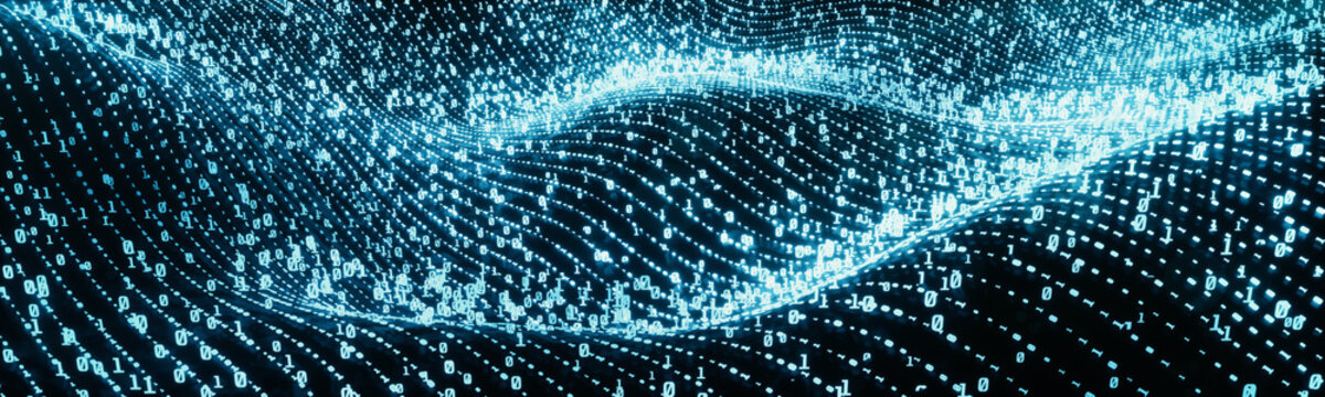 Digital binary code on landscape, glowing neon style, binary data background, Panoramic banner, blue color