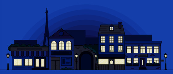 Vector illustration of a Parisian night street with burning windows in a flat style