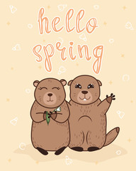 Naklejka premium hello spring greeting card with cute groundhogs couple and handwritten slogan on yellow background, editable vector illustration for poster, banner, spring decoration