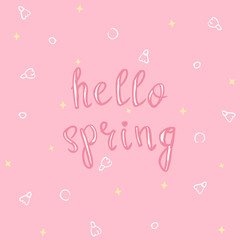 Fototapeta na wymiar hello spring seamless pattern with handwritten slogan and cute snowdrop flowers silhouettes on pink background, editable vector illustration for fabric, textile, banner, paper