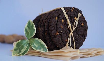stack of brownie cookies tied with ribbon with a sprig of evergreen shrub on paper with walnuts behind on a light background