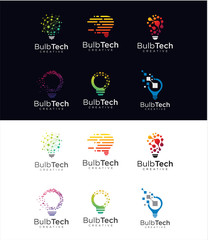 Set Of bulb tech logo icon . Idea creative light bulb logo . Bulb digital logo technology Idea .Bulb Logo Design Colorfull . 