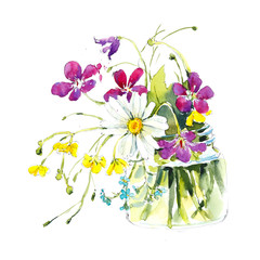 Bouquet of meadow flowers in vase. Greeting cards. Flower backdrop. Watercolor hand drawn illustration