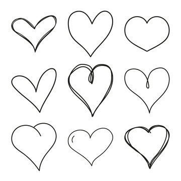 Set of black scribble hand drawn hearts. Vector collection of hearts for Valentines Day sweethearts.
