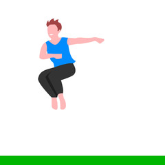 Young energetic man in a jump while dancing. Dressed in simple light clothes. Vector merry isolated illustration.