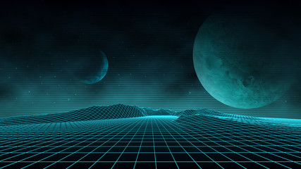 Futuristic retro landscape of the 80's. Vector futuristic illustration of planets with mountains in retro style. Digital retro-cyber-surface. Suitable for design in the 1980s.
