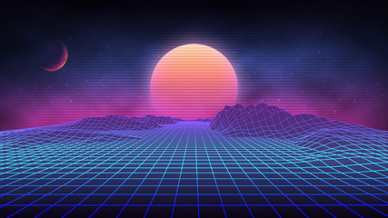Futuristic retro landscape of the 80`s. Vector futuristic illustration of sun with mountains in retro style. Digital Retro Cyber Surface. Suitable for design in the style of the 1980`s. - obrazy, fototapety, plakaty