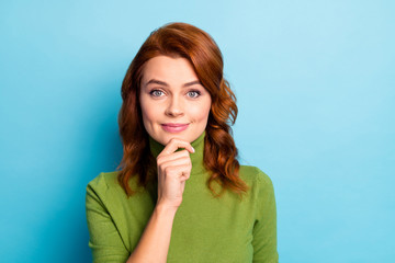Close-up portrait of her she nice attractive lovely charming cute cheerful wavy-haired girl thinking touching chin isolated over bright vivid shine vibrant green blue turquoise teal color background