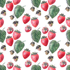 Watercolor seamless pattern with ripe berries and strawberry sprigs