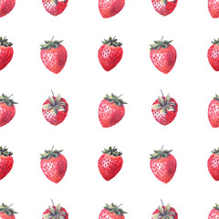Watercolor seamless pattern with ripe berries and strawberry sprigs