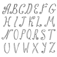 The English alphabet in a decorative style with curls. All letters are drawn by hand. Set. Collection. Vector illustration for your design.