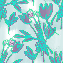 Fototapeta na wymiar Tulips Seamless Pattern. Hand Drawn Floral Background.