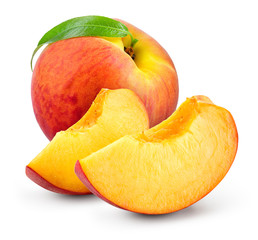 Peach slice isolate. Peach whole, slice, leaf on white. Peaches. Full depth of field.
