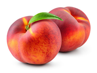 Peach isolate. Peach with leaf on white. Full depth of field. With clipping path..
