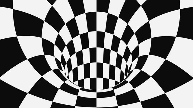 Black and white psychedelic optical illusion. Abstract hypnotic animated background. Checkered geometric looping wallpaper
