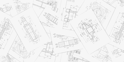 Engineering plan scheme . Technical drawing on white sheets of paper .Backgrounds of engineering subjects.Parts for industrial construction.Vector illustration .	