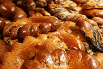 Macro photo of buns in a bakery