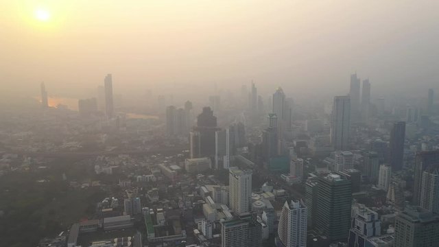 Aerial view of Environmental issue of air pollution over sky of Bangkok 