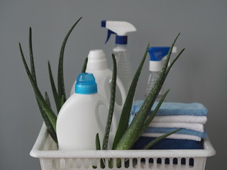 The concept of eco-friendly natural detergents. Detergents and cleaners with aloe vera plant on a...