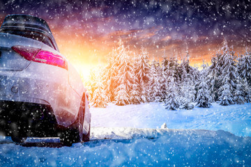 Winter car on snow and free space for your decoration. 