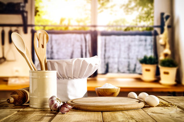 Desk of free space and window background in kitchen 