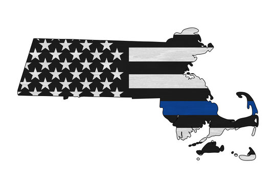 American thin blue line flag on map of Massachusetts