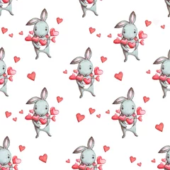 Foto auf Acrylglas Süßer Hase. Nahtloses Muster mit Kaninchen. Lustige Comic-Figuren mit Herzen auf einem weißen Hintergrund. Aquarellillustration für einen Druck, eine Postkarte, ein Poster zum Valentinstag, 14. Februar. © Tatiana 