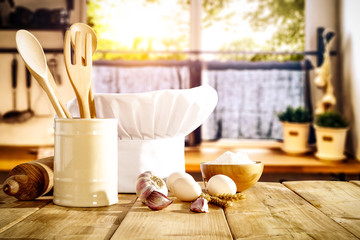 Desk of free space and window background in kitchen 