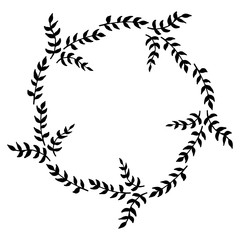 Round frame of stylish decorative black branches on white background. Isolated vector frame for your design.