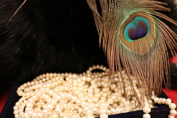 Texture of different sharpness from peacock feather pearl necklaces in a dark box and black fur and red background 