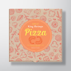 Shrimp Seafood Pizza Realistic Cardboard Box. Abstract Vector Packaging Design or Label. Modern Typography, Sketch Seamless Pattern of Cheese, Tomato, Sausages. Craft Paper Background Layout.