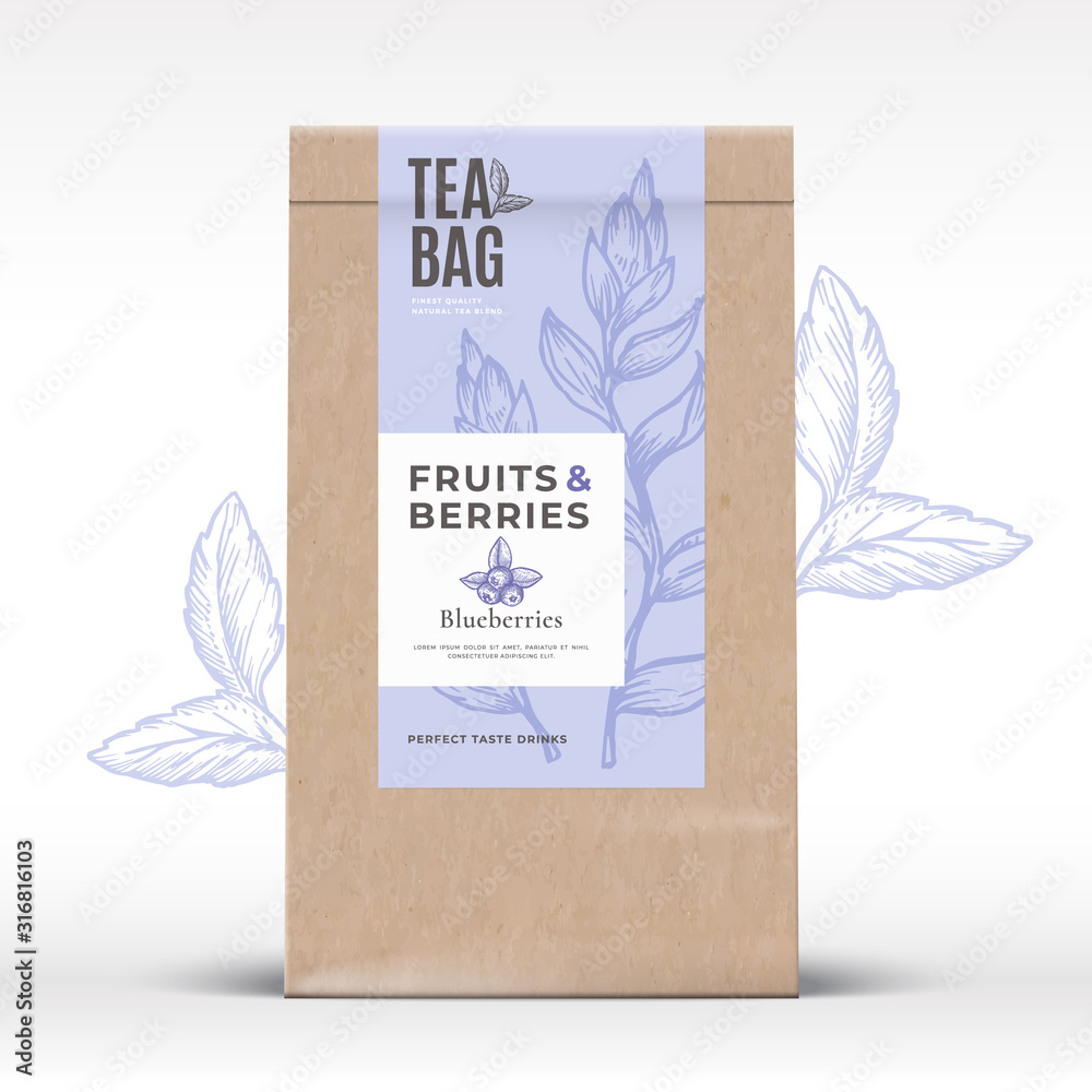 Wall mural craft paper bag with fruit and berries tea label. abstract vector packaging design layout with reali