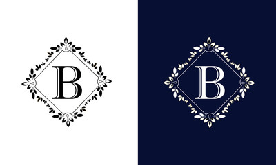 Classic floral monogram on black and white background with letter B. Design for wedding invitations, business sign.