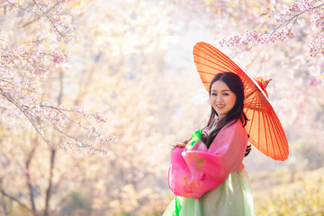 Korean girl wearing a hanbok wearing a red umbrella. Beautiful Female wearing traditional Korean hanbok with cherry blossom in spring, Korea. Asian woman tourists