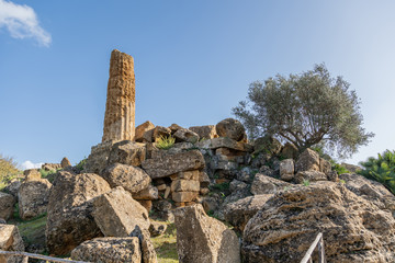 Ruined Temple of Heracles columns in famous ancient Valley of Temples in Agrigento, Sicily, Italy.