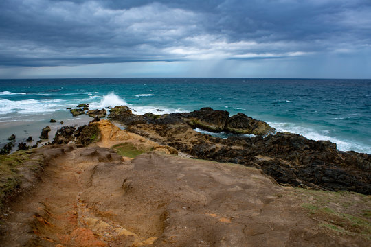 Cape Byron beach and Lookout, the Most Easterly Point of the Australia Mainland, photo taken on a Dramatic weather day.