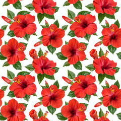 red hibiscus flowers seamless pattern