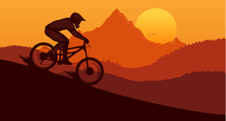 Vector downhill mountain biking illustration with rider on a bike and wild nature landscape. Downhill, enduro, cross-country biking banner